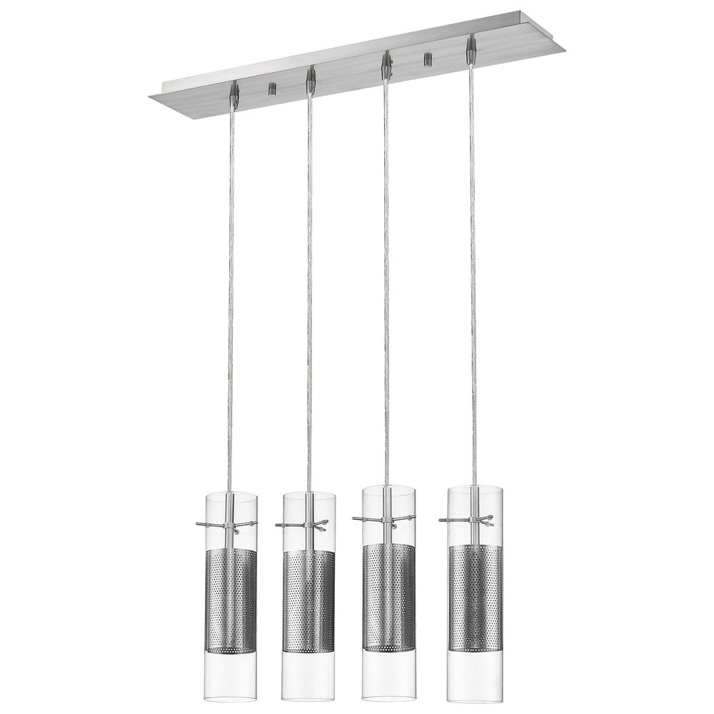 Scope 4-Light Brushed Nickel Pendant Double Glass and Mesh Shades on a white background