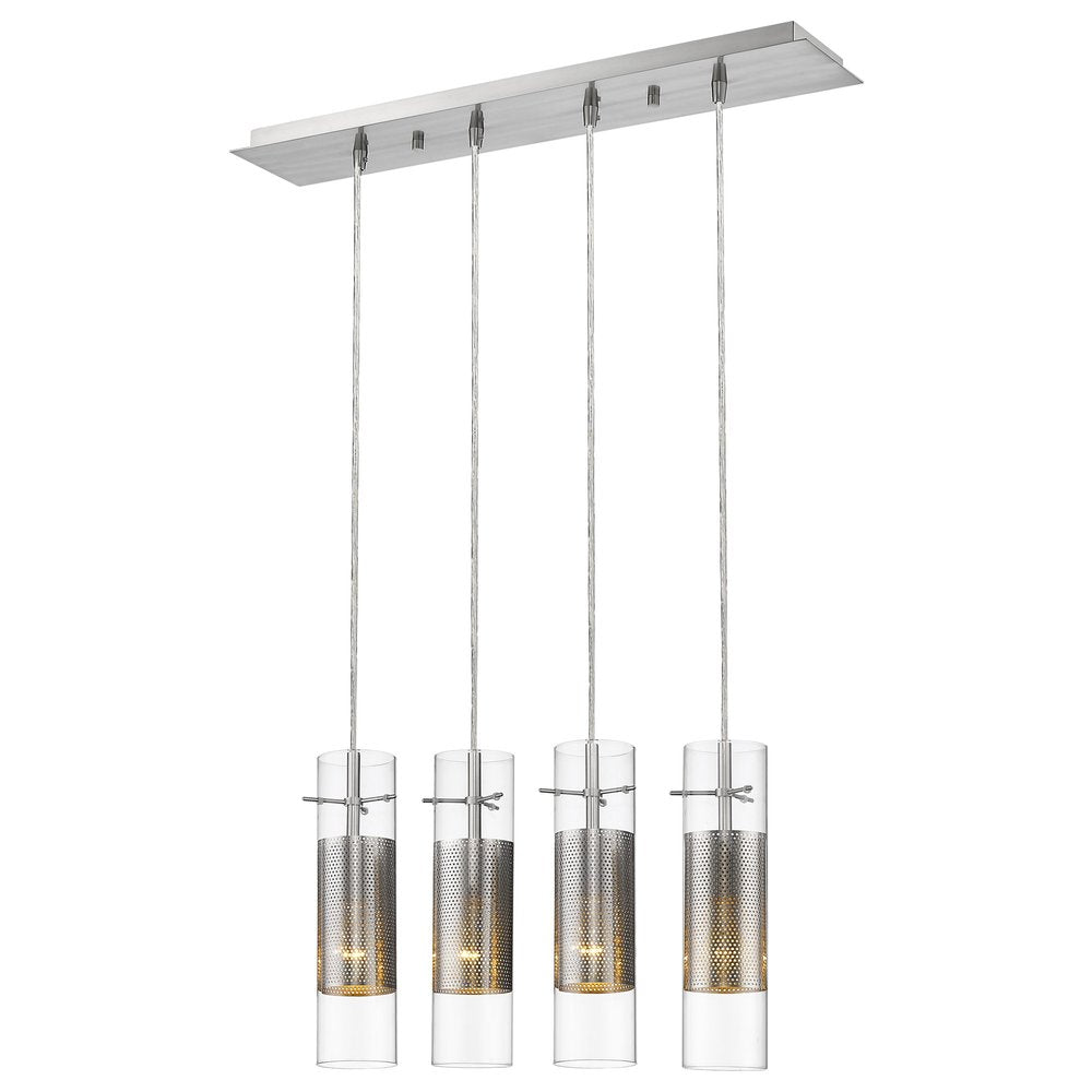 Scope 4-Light Brushed Nickel Pendant Double Glass and Mesh Shades on a white background