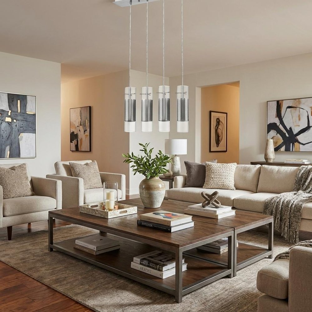 Scope 4-Light Brushed Nickel Pendant Double Glass and Mesh Shades in a home interior