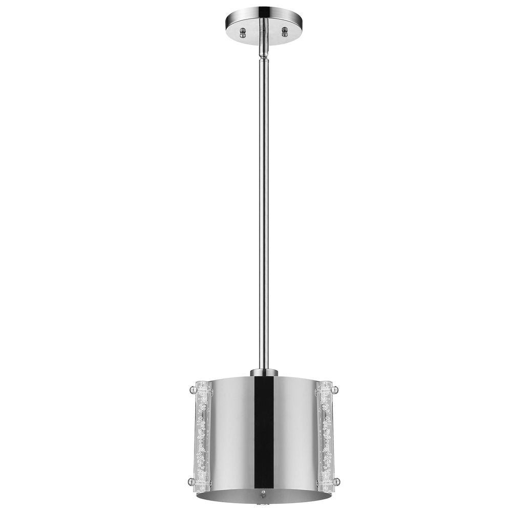 Polished stainless steel pendant light with seeded acrylic accents against a white background.
