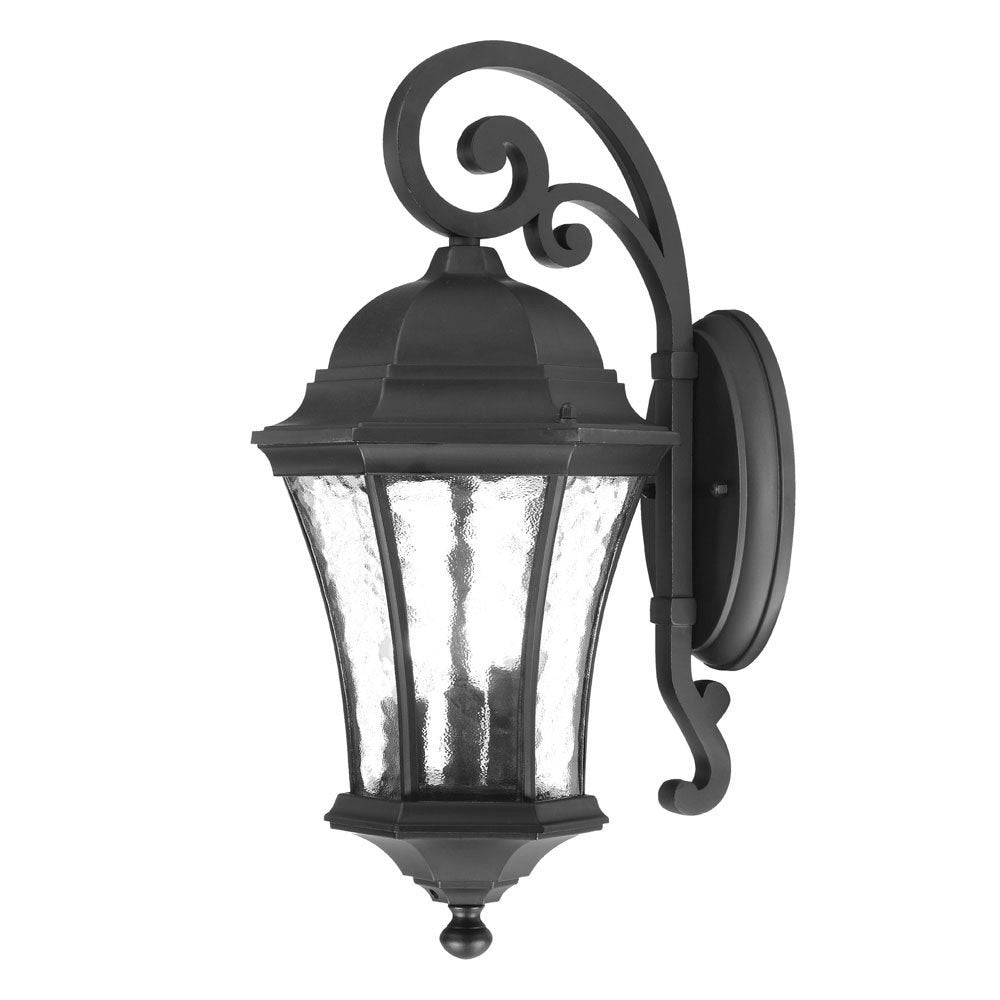Matte black tapered hanging lantern wall light with textured glass panels on a white background.