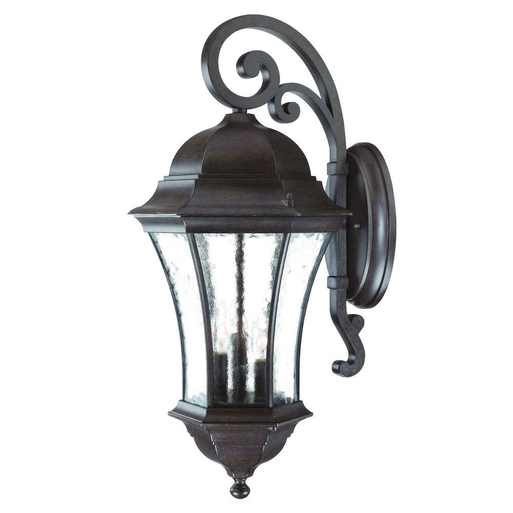 Black coral outdoor wall lantern with seeded glass and ornate scrollwork on a white background.