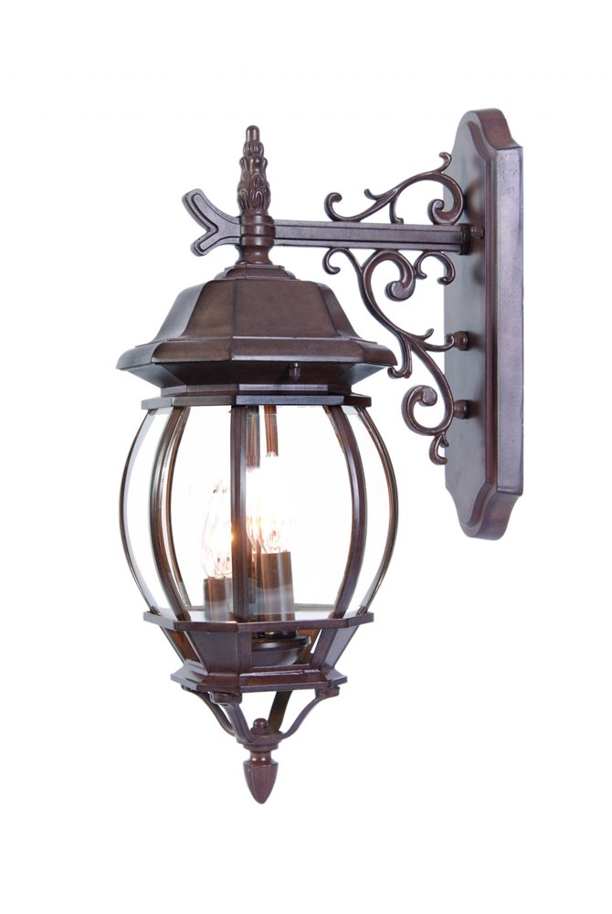 Dark brown outdoor wall lantern with a glass globe and decorative scrollwork on a white background.