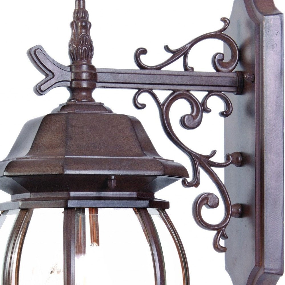 Three Light Dark Brown Hanging Glass Globe Wall Light on a white background