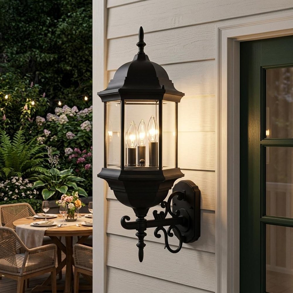 Three Light Matte Black Domed Glass Lantern Wall Light in a home interior