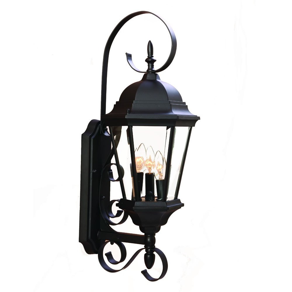 Three Light Matte Black Swing Arm Lantern Wall Light on a white background