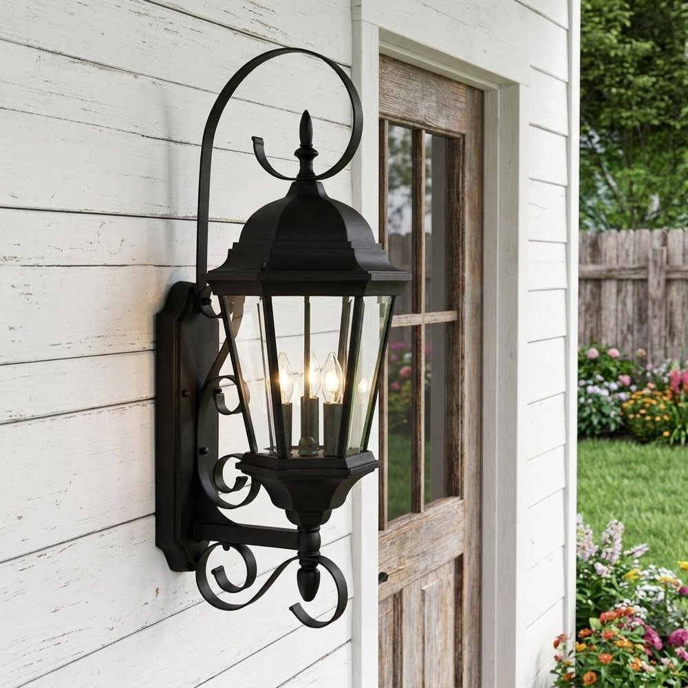 Three Light Matte Black Swing Arm Lantern Wall Light in a home interior