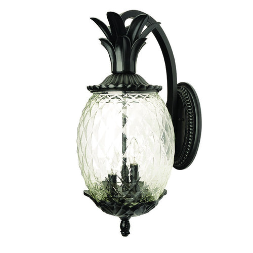 Black metal and clear glass pineapple-shaped wall sconce with three lights, mounted on a white background.