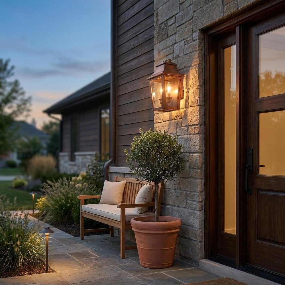 Two Light Transparent Dimmable Outdoor Hanging Lights With Copper And Clear Shades