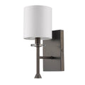 Minimalist Bronze Wall Sconce with Fabric Shade on a white background