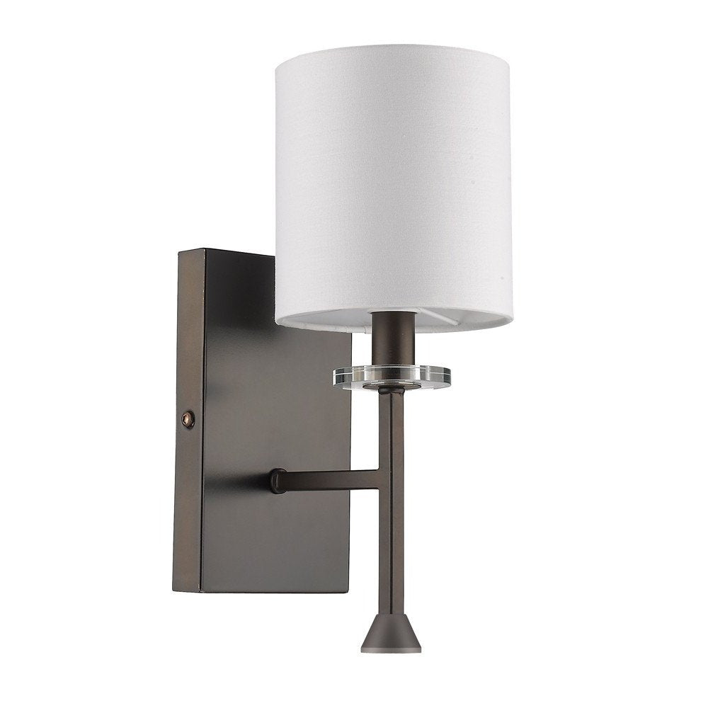 Minimalist Bronze Wall Sconce with Fabric Shade on a white background