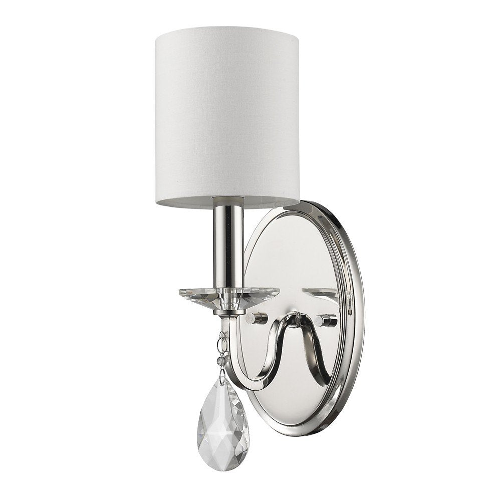 Silver Three Light Wall Sconce with White Fabric Shade on a white background