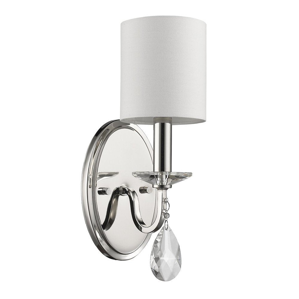 Silver Three Light Wall Sconce with White Fabric Shade on a white background