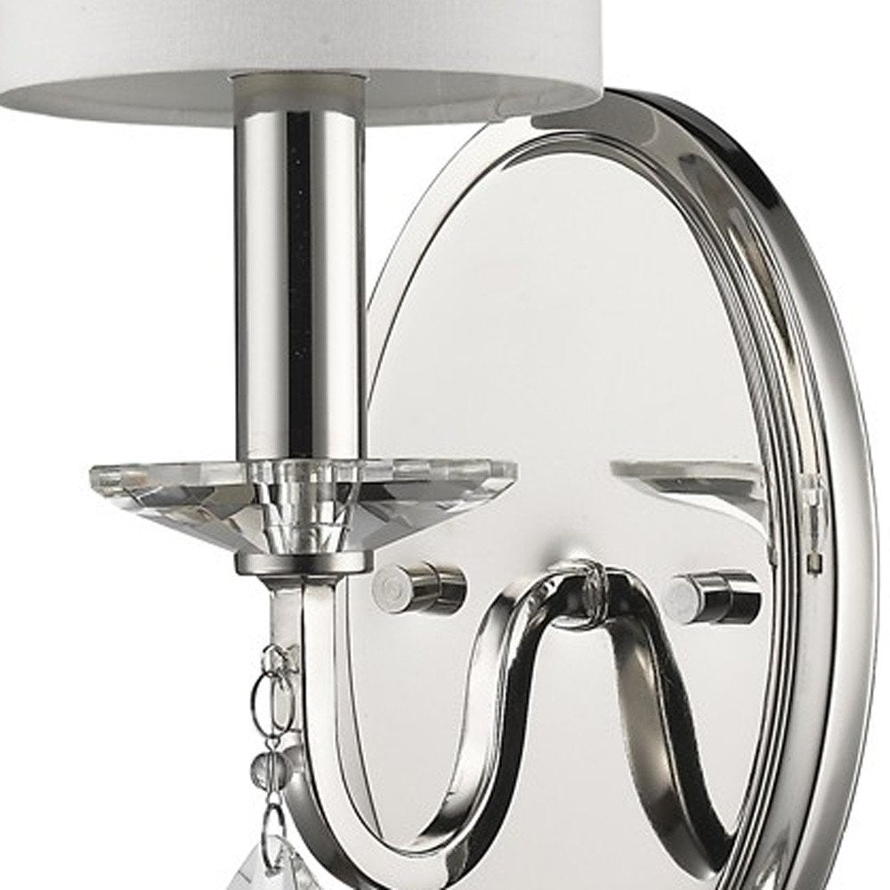 Silver Three Light Wall Sconce with White Fabric Shade on a white background