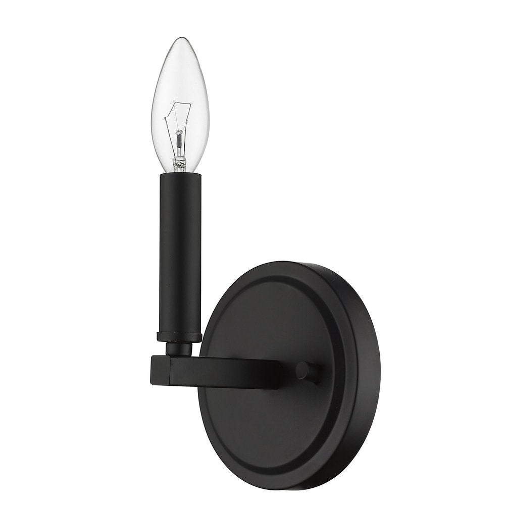 Matte black wall sconce with a clear candle-shaped bulb on a white background.