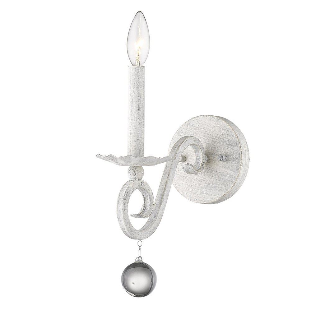 12" Off White Rustic Metal Candle Wall Light With Hanging Crystal