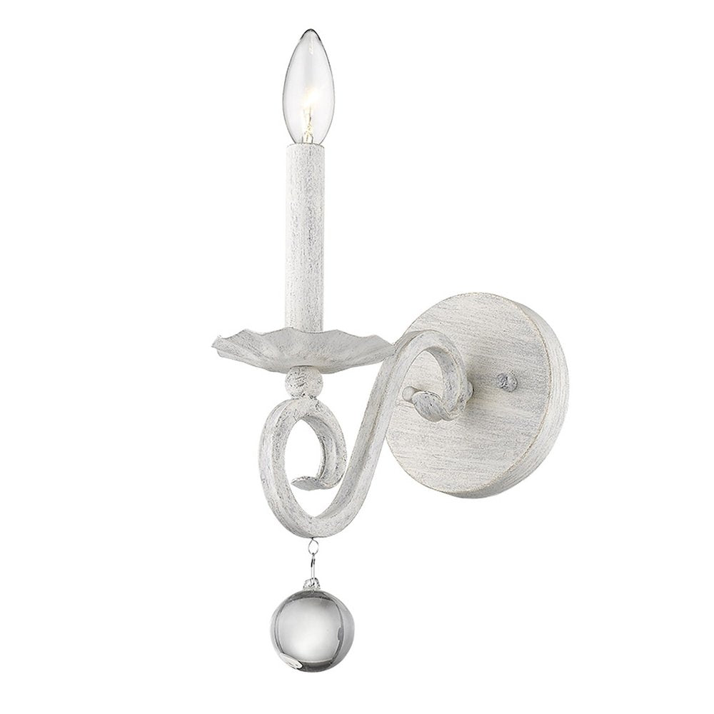 12" Off White Rustic Metal Candle Wall Light With Hanging Crystal