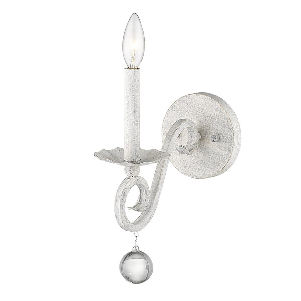 12" Off White Rustic Metal Candle Wall Light With Hanging Crystal