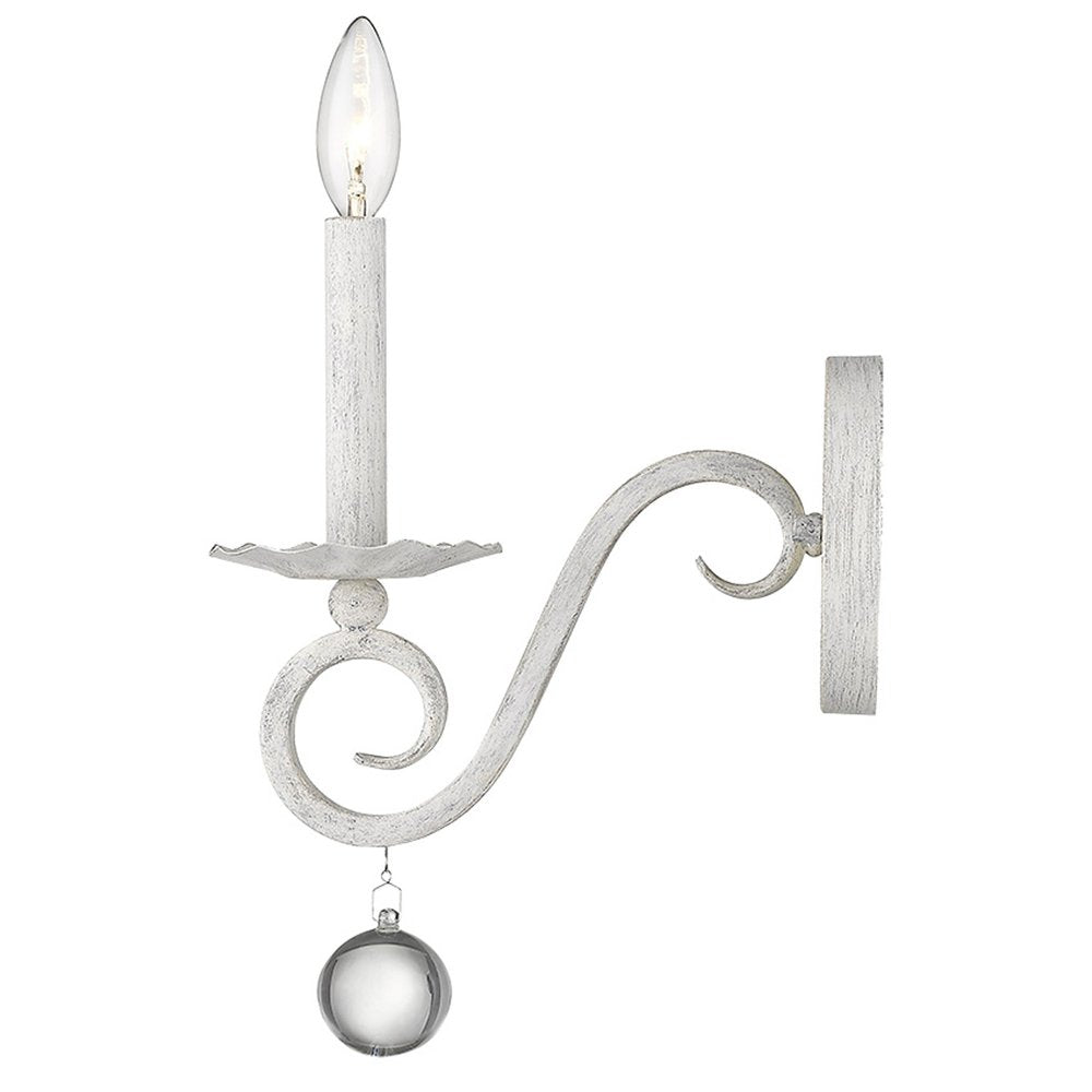 12" Off White Rustic Metal Candle Wall Light With Hanging Crystal