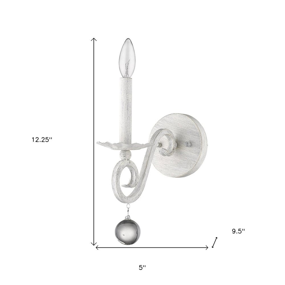 12" Off White Rustic Metal Candle Wall Light With Hanging Crystal