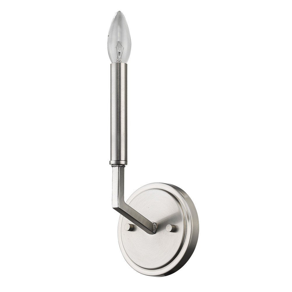 Minimalist silver wall sconce with a clear candle bulb, mounted on a white background.