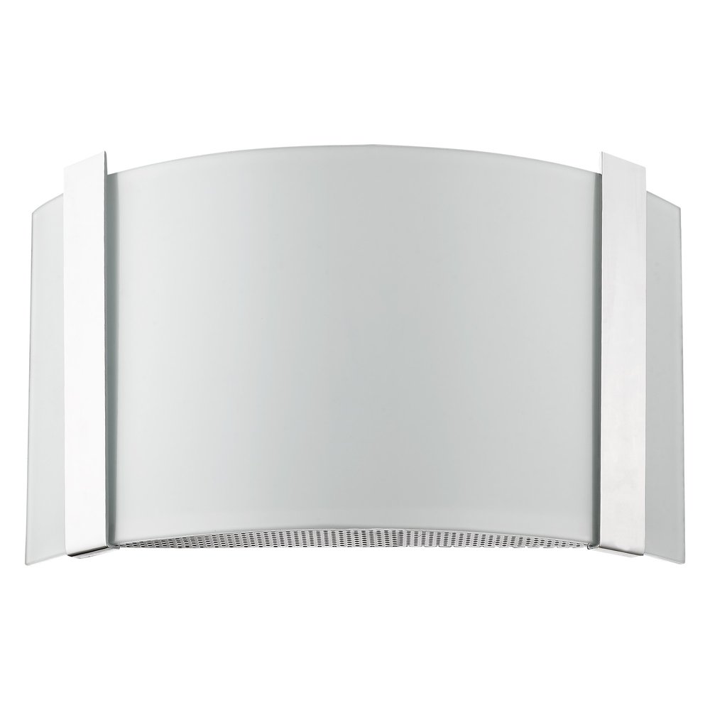 Wall sconce with frosted glass shade and polished chrome accents against a white background.