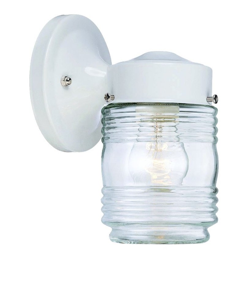 White outdoor wall light with a clear glass jar shade and a white metal base, against a white background.