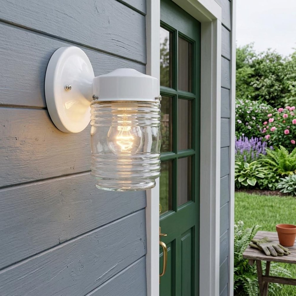 White Standard Jelly Jar One Light Outdoor Wall Light in a home interior