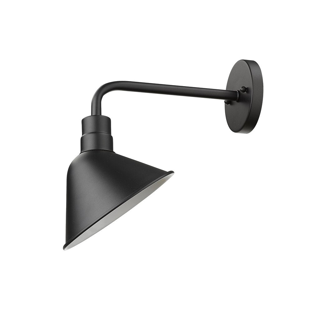 Matte black metal wall light with a wide conical shade and an adjustable arm, shown against a white background.