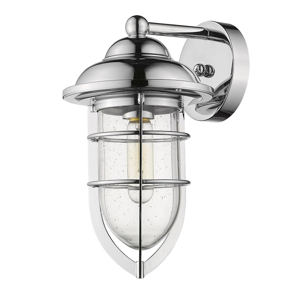 Chrome teardrop wall sconce with clear seeded glass shade and metal cage on a white background.