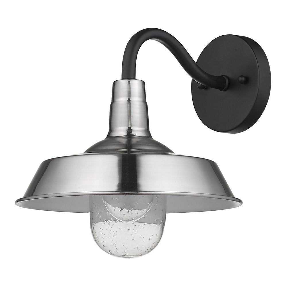 Black and brushed nickel outdoor wall light with a seeded glass shade and silver dome shade.