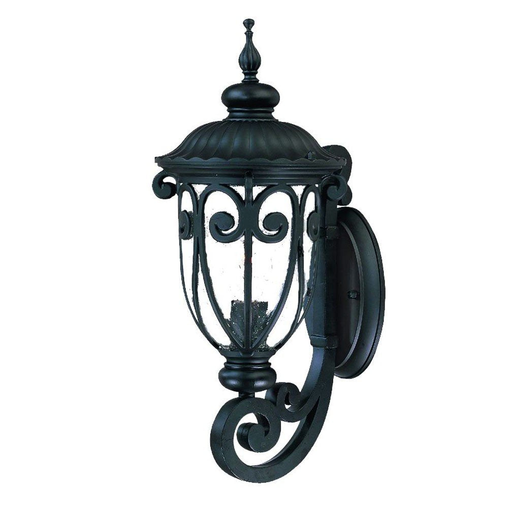 Traditional matte black outdoor wall sconce with ornate scrollwork and clear glass panels against a white background.