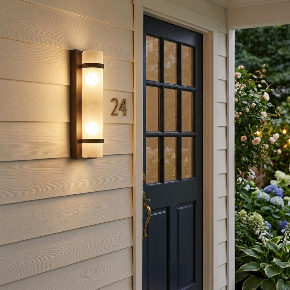 Two Light Bronze and White Glass Wall Sconce in a home interior