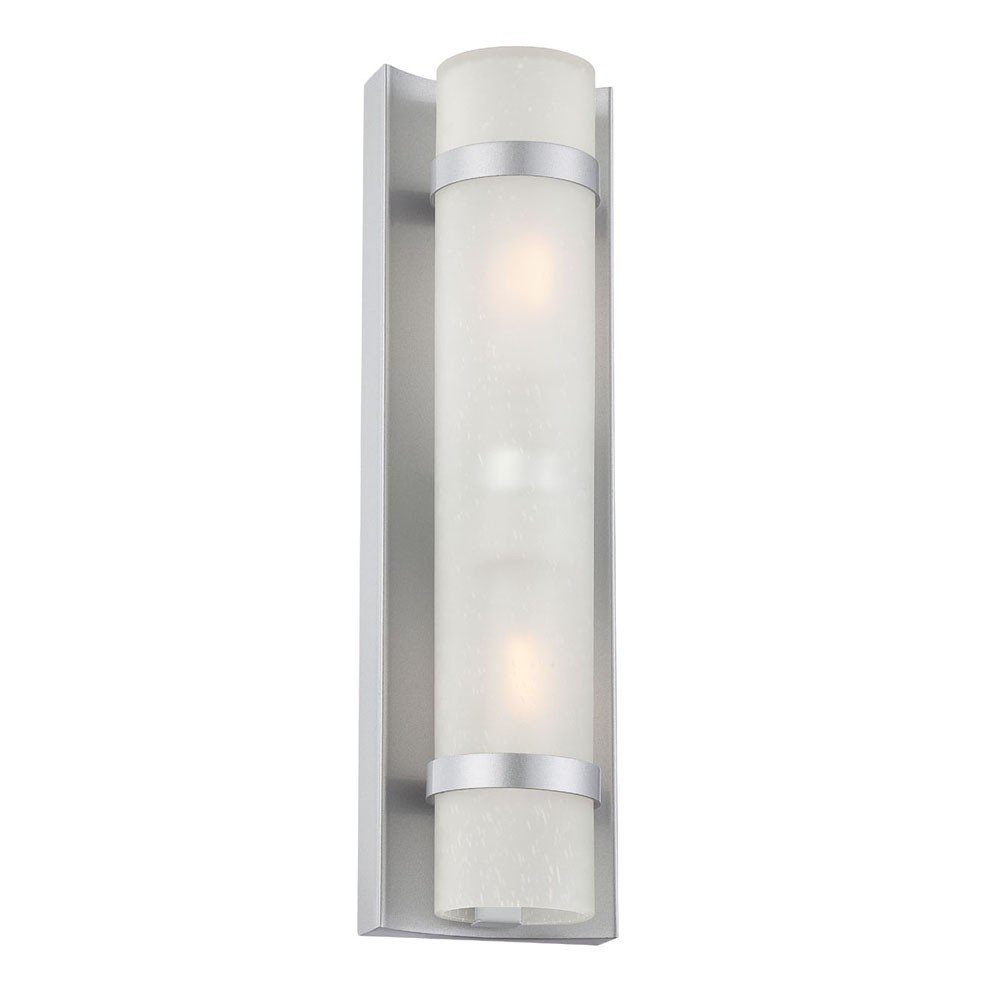 Brushed silver wall sconce with a frosted white glass cylinder and two visible lights against a white background.
