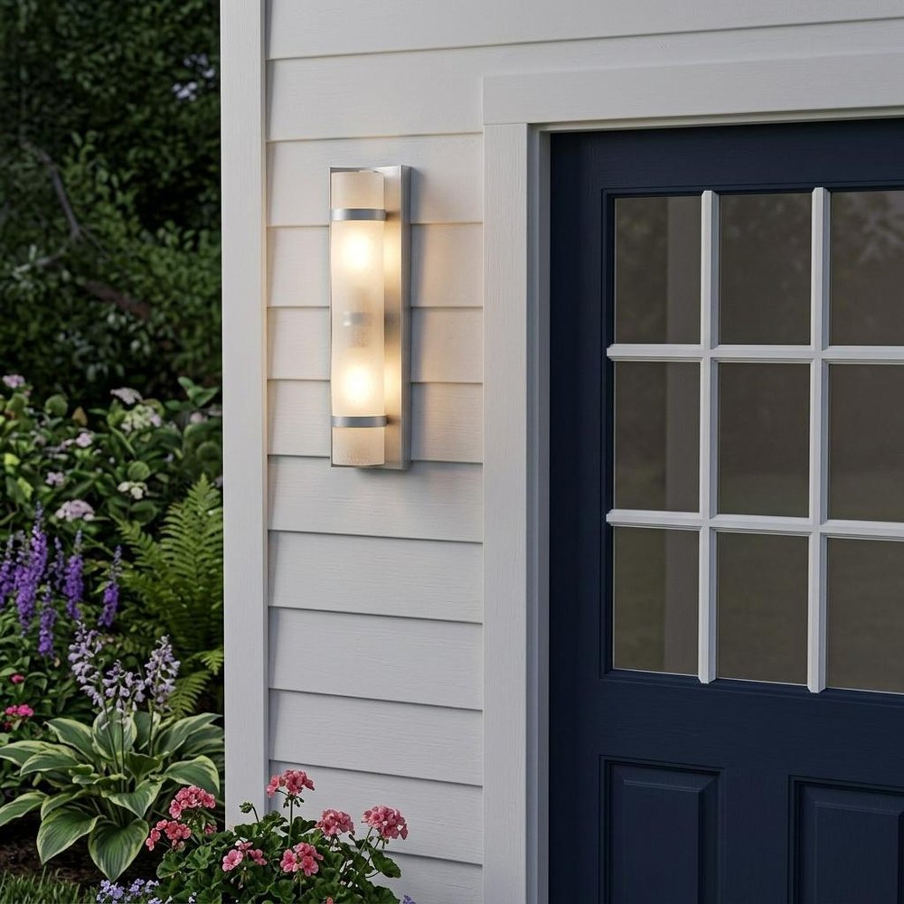 Two Light Brushed Silver and White Glass Wall Sconce in a home interior