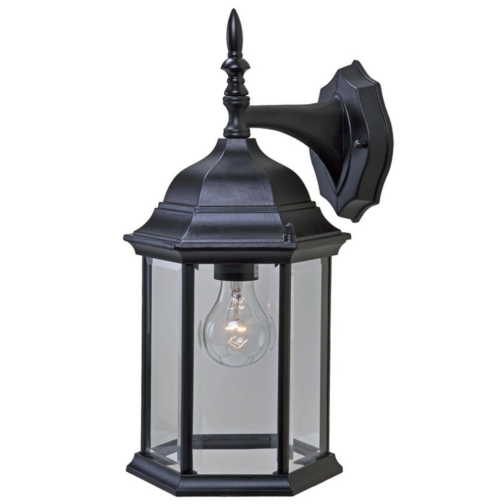 Black metal outdoor wall lantern with clear glass panels and a visible light bulb, mounted on a white background.