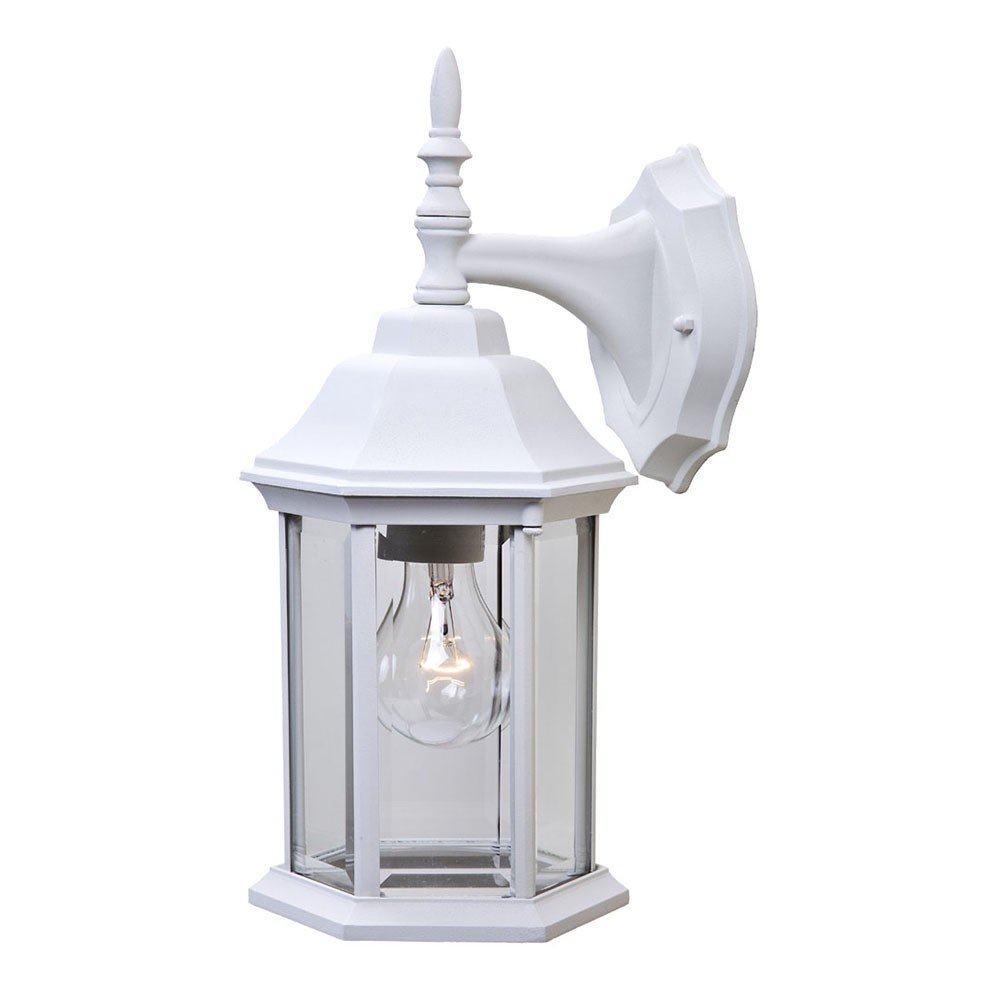 White swing arm wall light with clear glass panes and a visible light bulb, set against a white background.