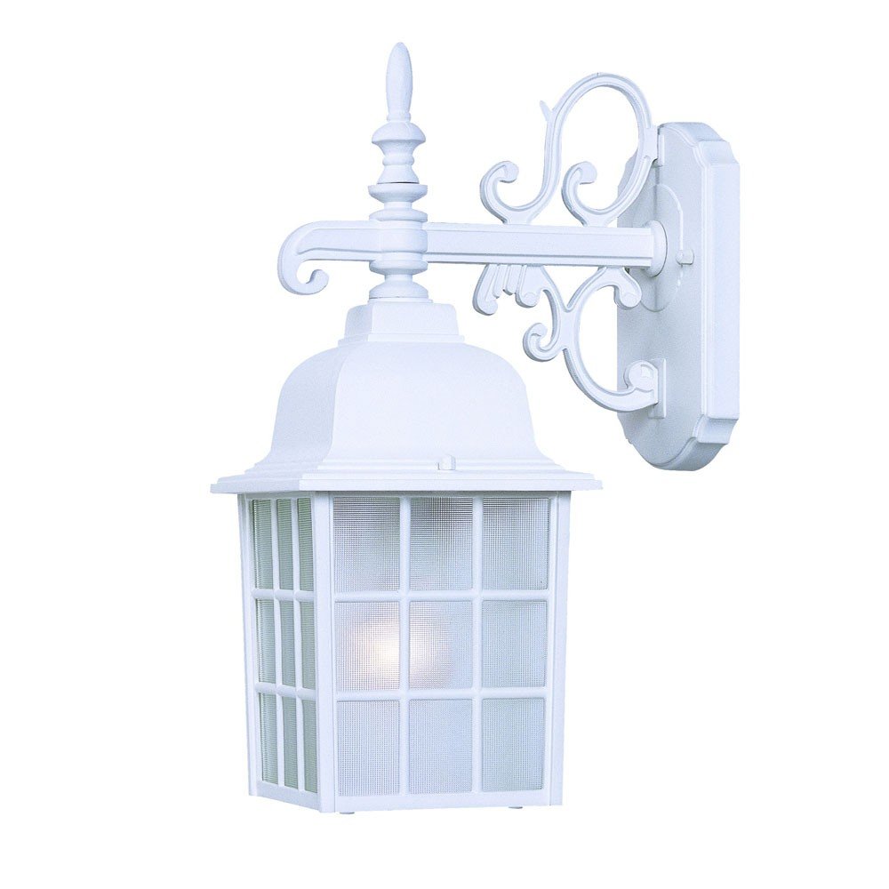 White window pane lantern wall light with ornate scrollwork on a white background.