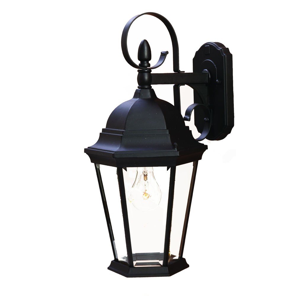 Black metal swing arm hanging lantern wall light with clear glass panels and visible light bulb on a white background.