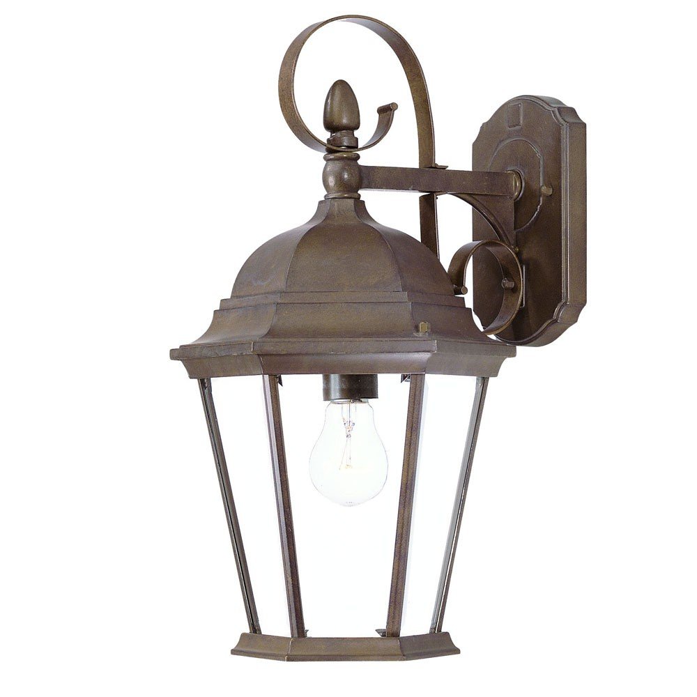 Dark brown metal hanging lantern wall light with clear glass panels and a visible light bulb on a white background.