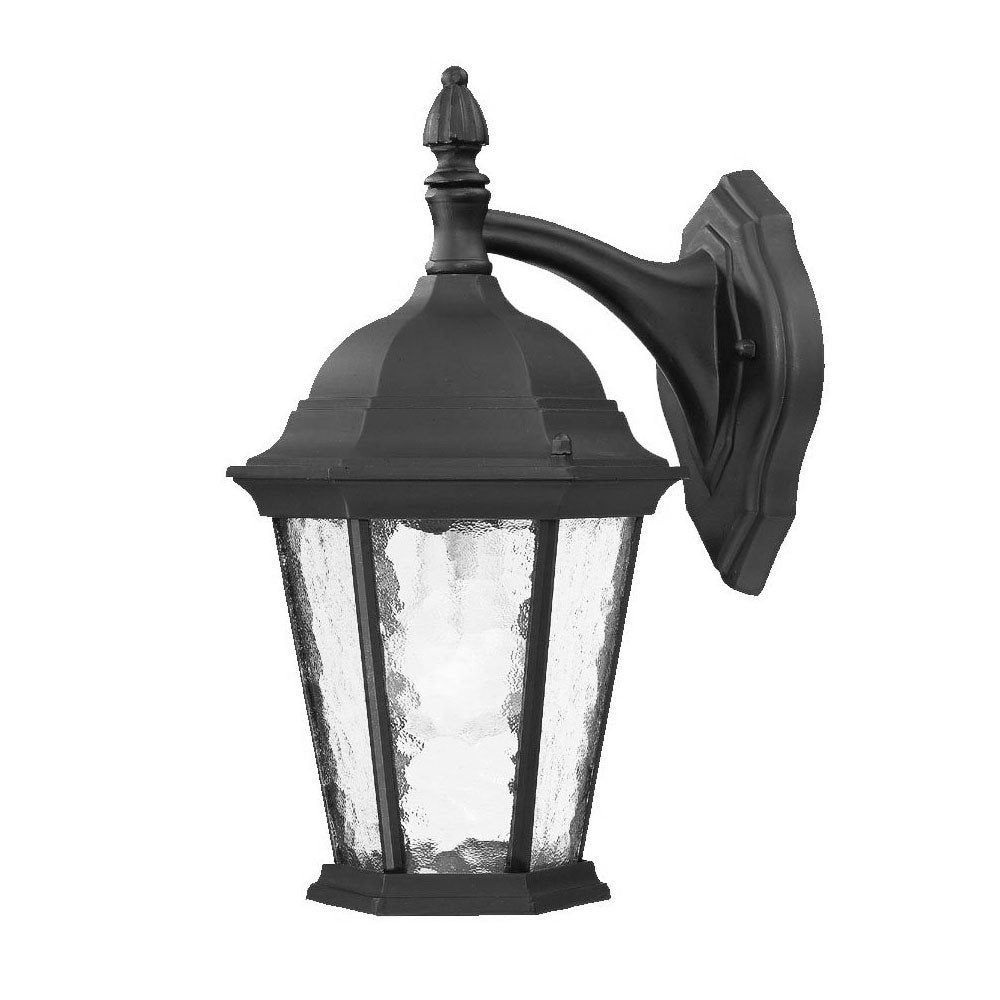 Matte black outdoor wall lantern with textured glass panels, mounted on a white background.
