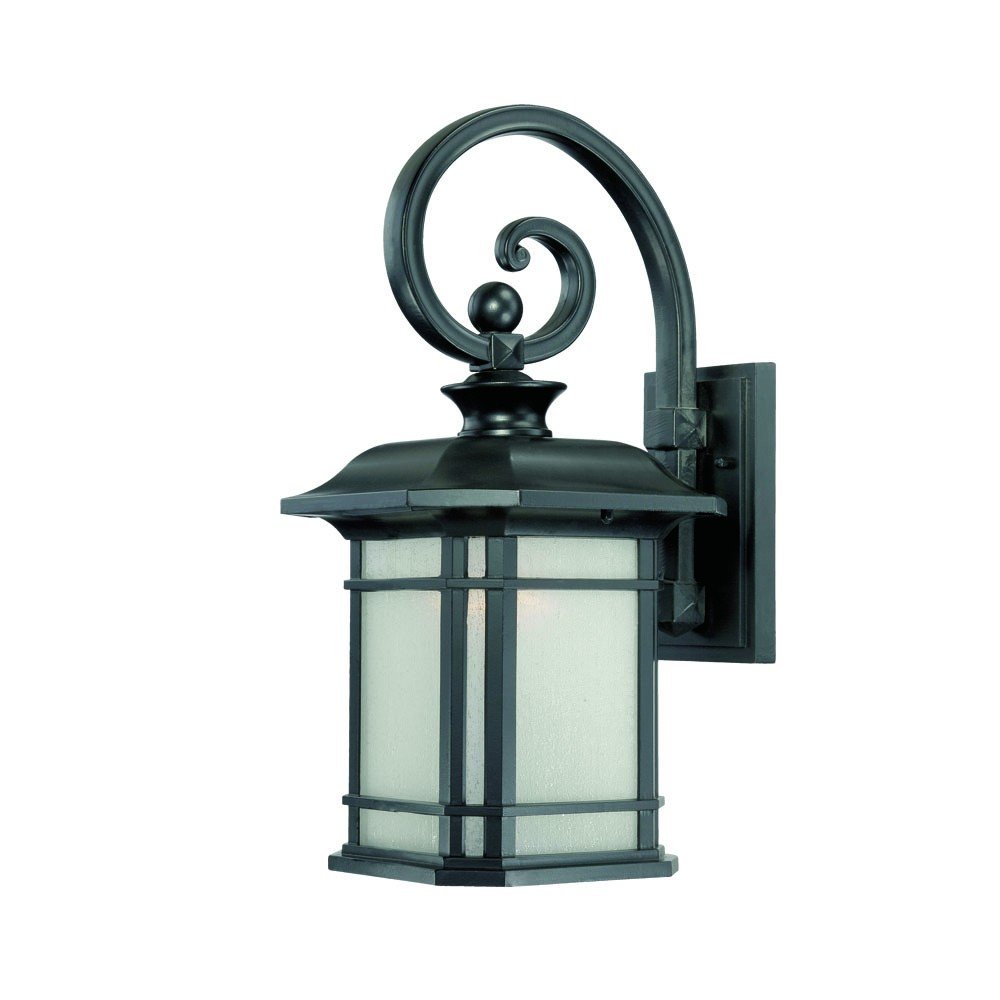 Matte black outdoor wall lantern with frosted linen glass and a decorative scroll arm, set against a white background.
