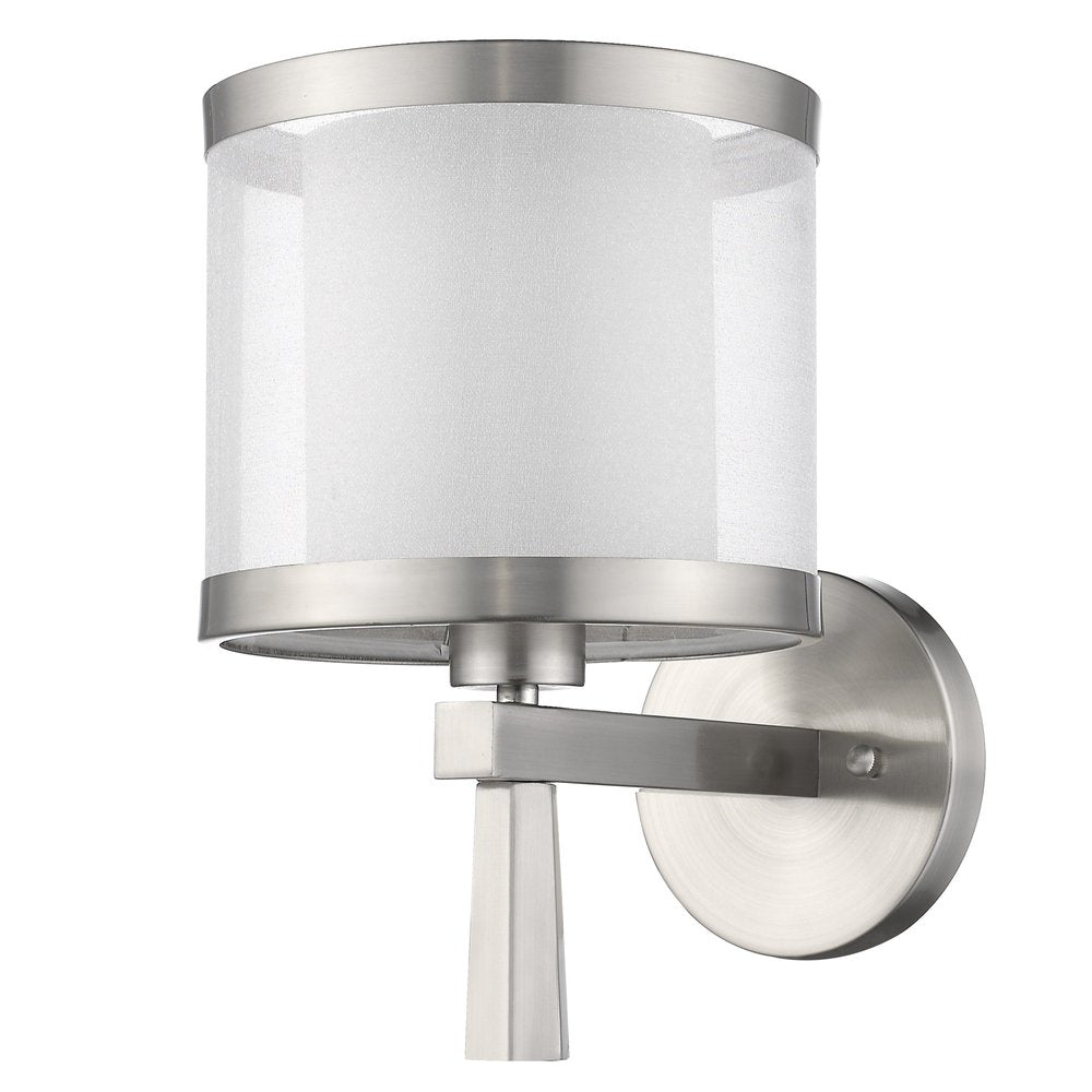 Brushed nickel wall light with a white sheer fabric cylinder shade against a white background.
