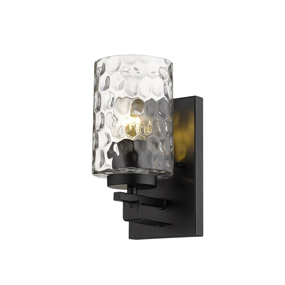 Black Metal and Pebbled Glass Wall Sconce on a white background