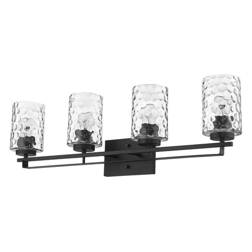 Black metal vanity light fixture with four clear hammered glass shades against a white background.