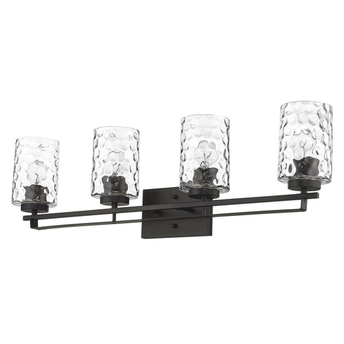 Black metal vanity light fixture with four clear textured glass shades against a white background.