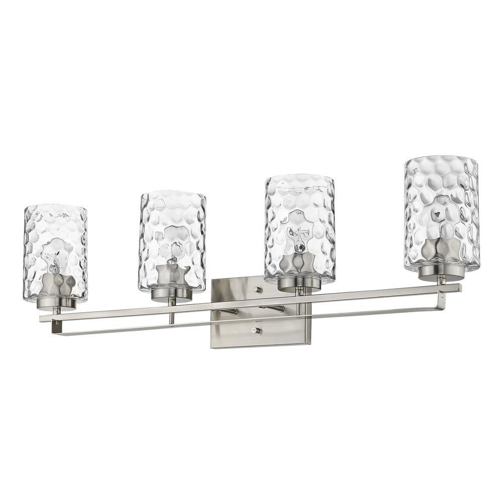 Four-light vanity light fixture with textured clear glass shades and a satin nickel finish on a white background.