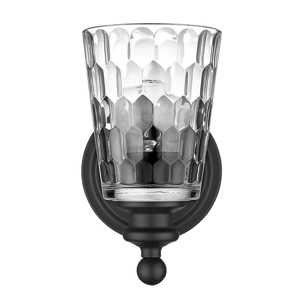 Black Metal and Pebbled Glass Wall Light on a white background