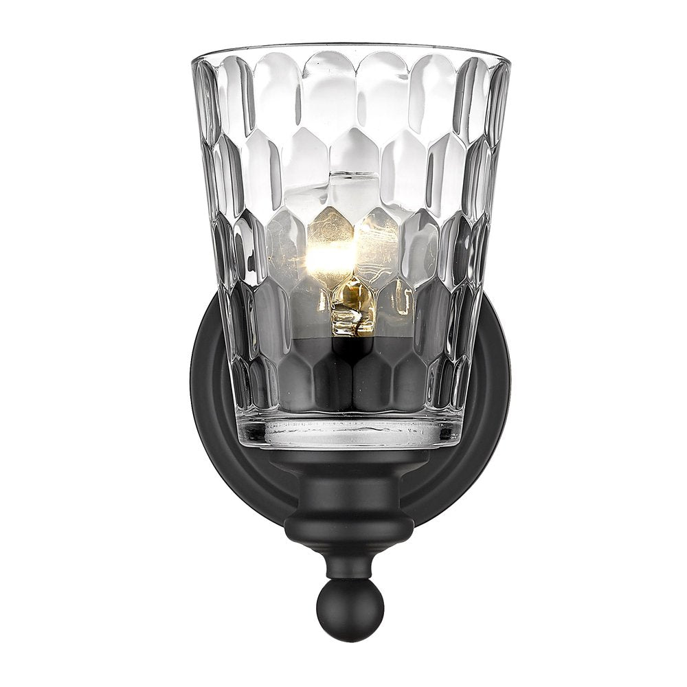 Black Metal and Pebbled Glass Wall Light on a white background