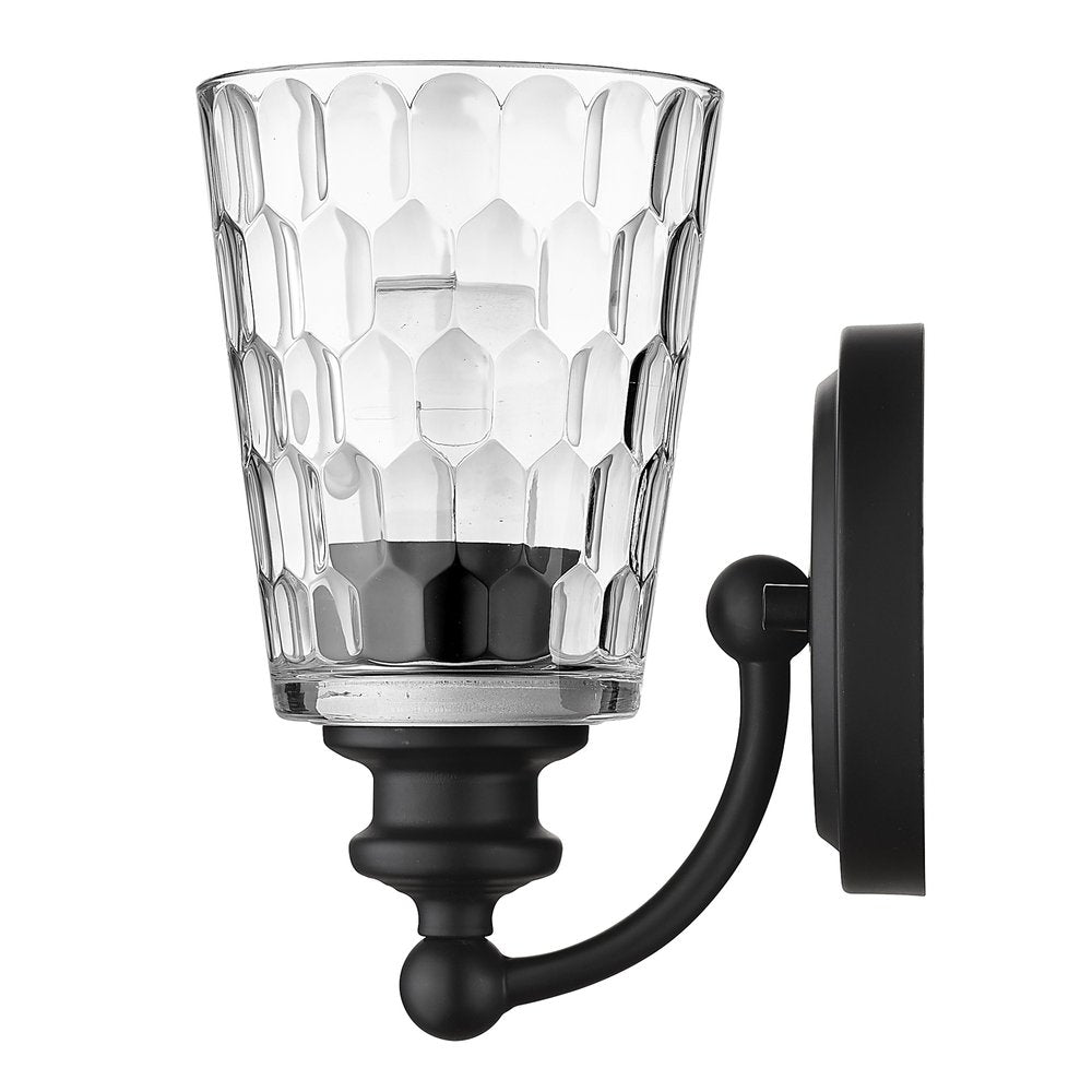 Black Metal and Pebbled Glass Wall Light on a white background